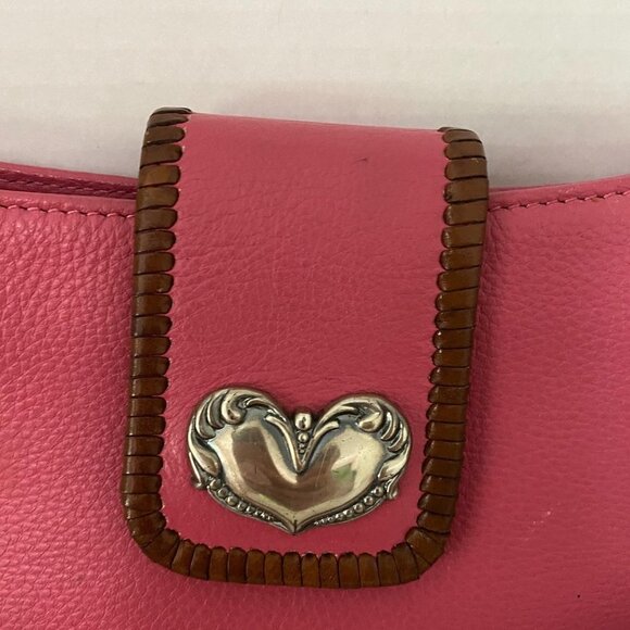 Fossil Pink Brown Leather Heart Accent Whipstitch Y2K Medium Shoulder Bag Purse - Picture 3 of 11